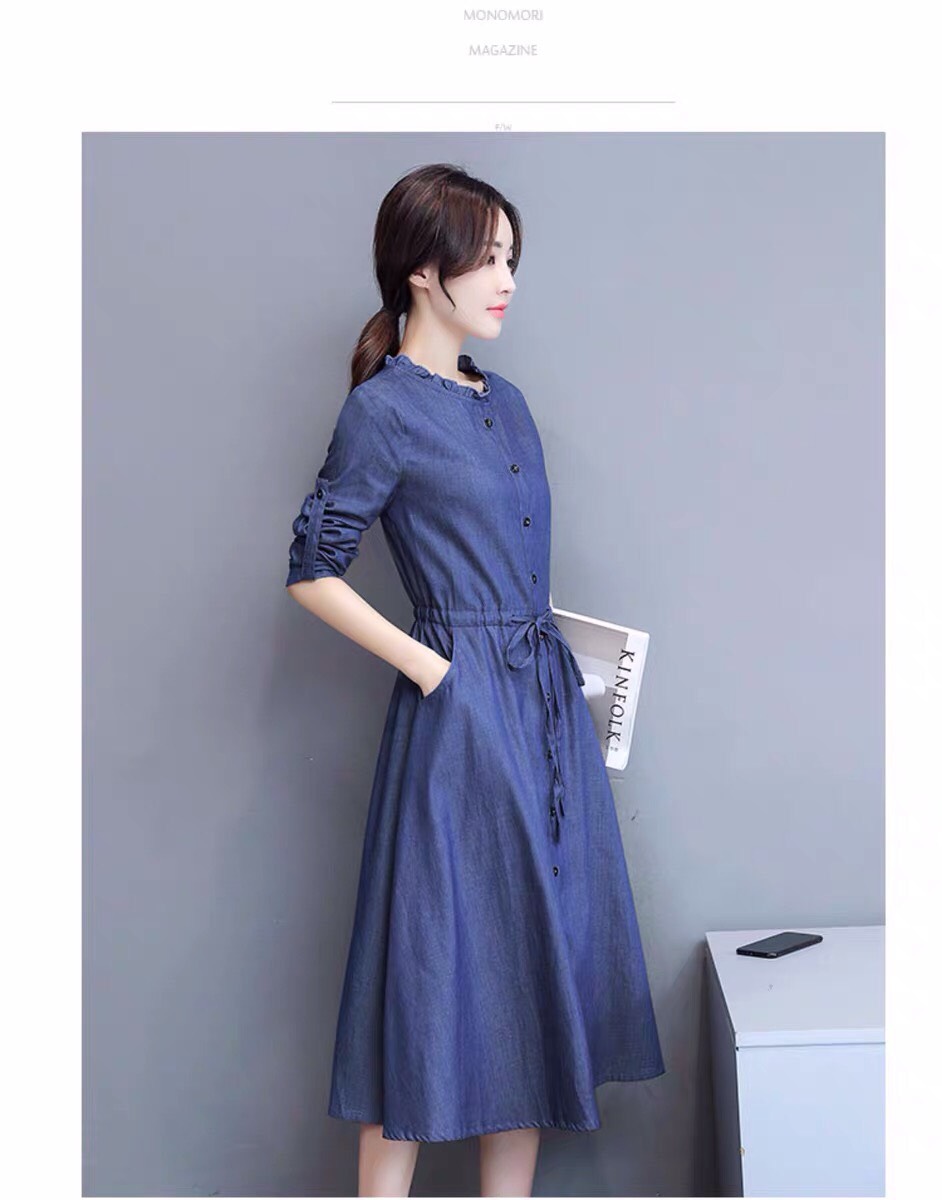 ĐẦM JEAN XÒE TAY DÀI CỔ BÈO TRÒN